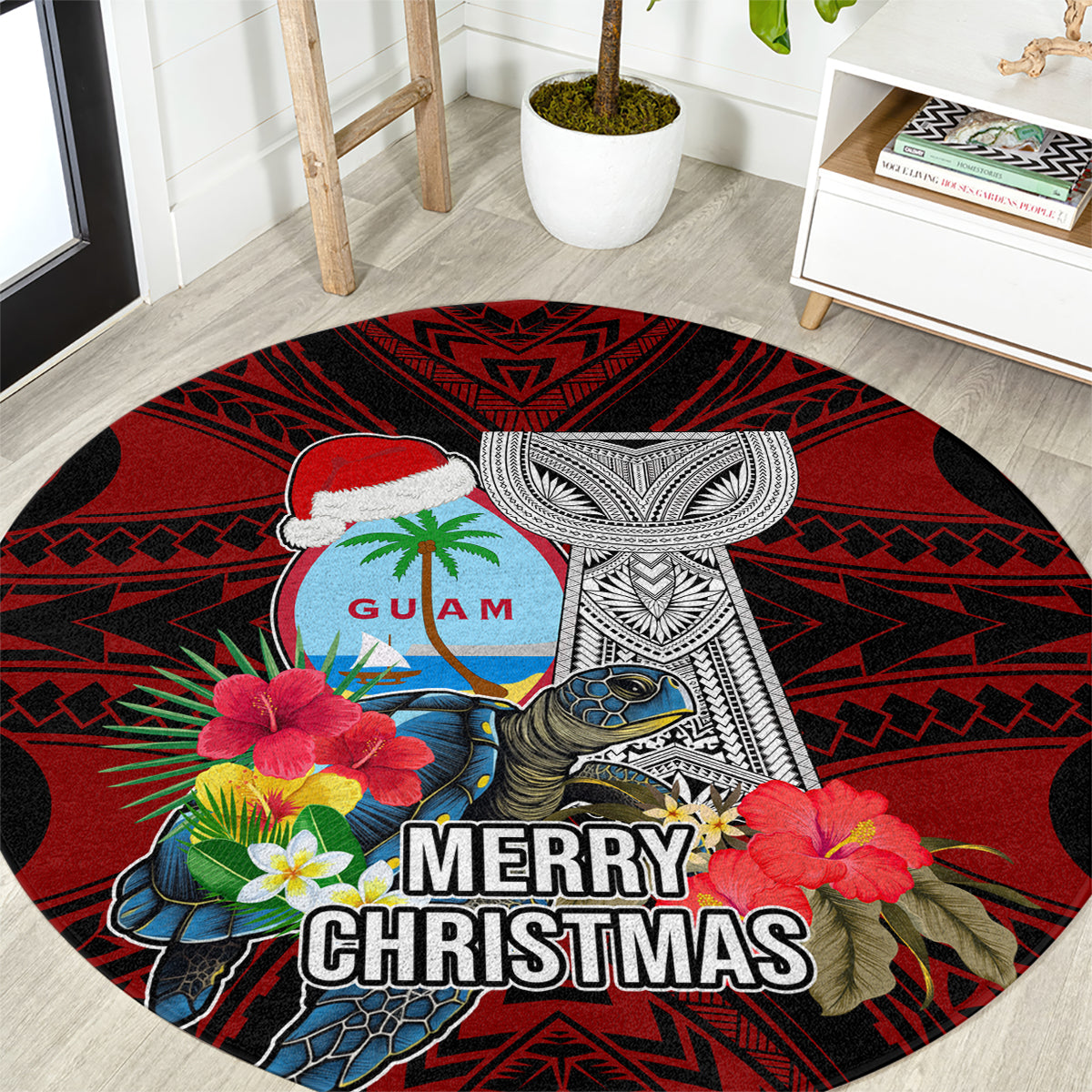 Guam Christmas Round Carpet Santa Gift Latte Stone and Sea Turle Mix Hibiscus Chamorro Red Style LT03