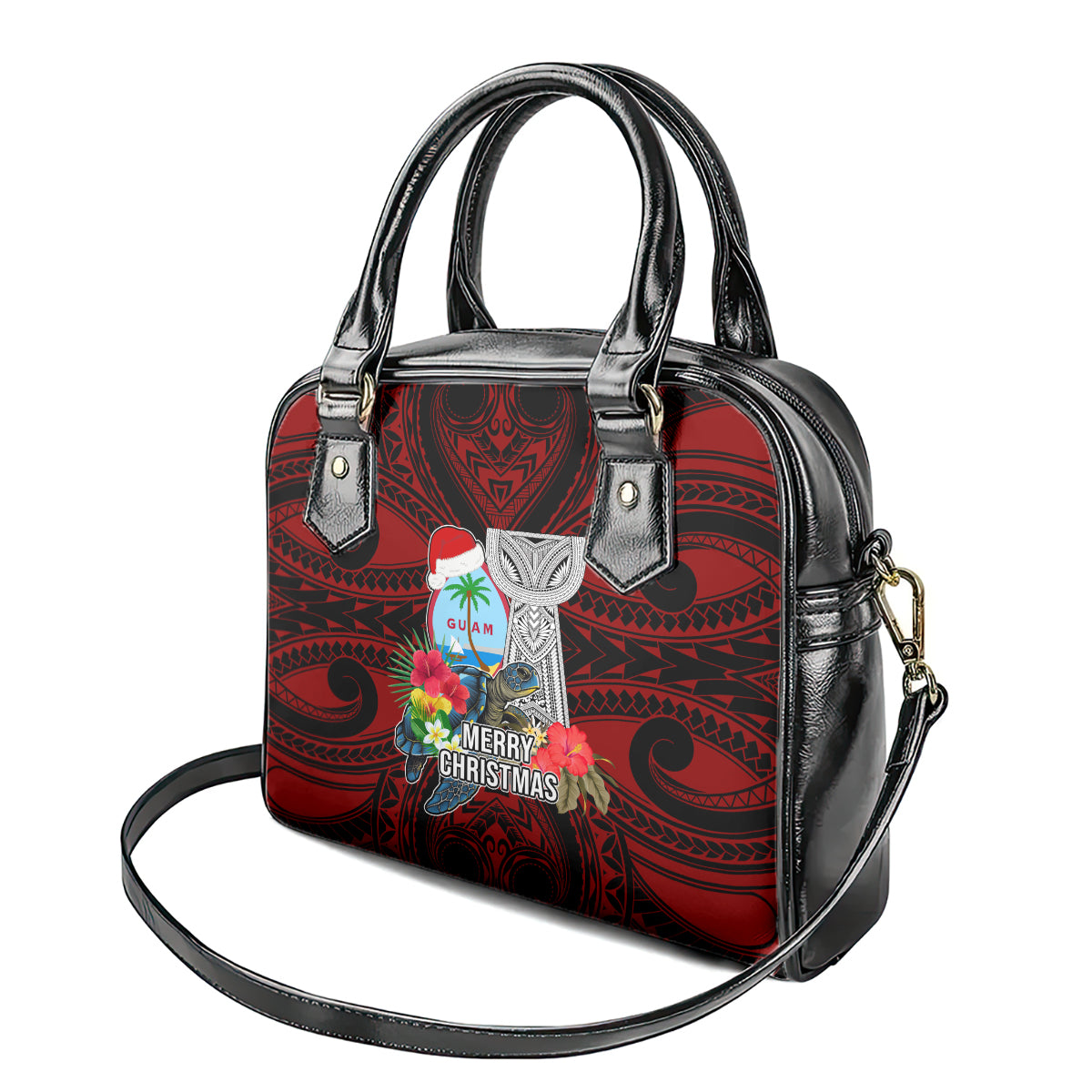 Guam Christmas Shoulder Handbag Santa Gift Latte Stone and Sea Turle Mix Hibiscus Chamorro Red Style LT03