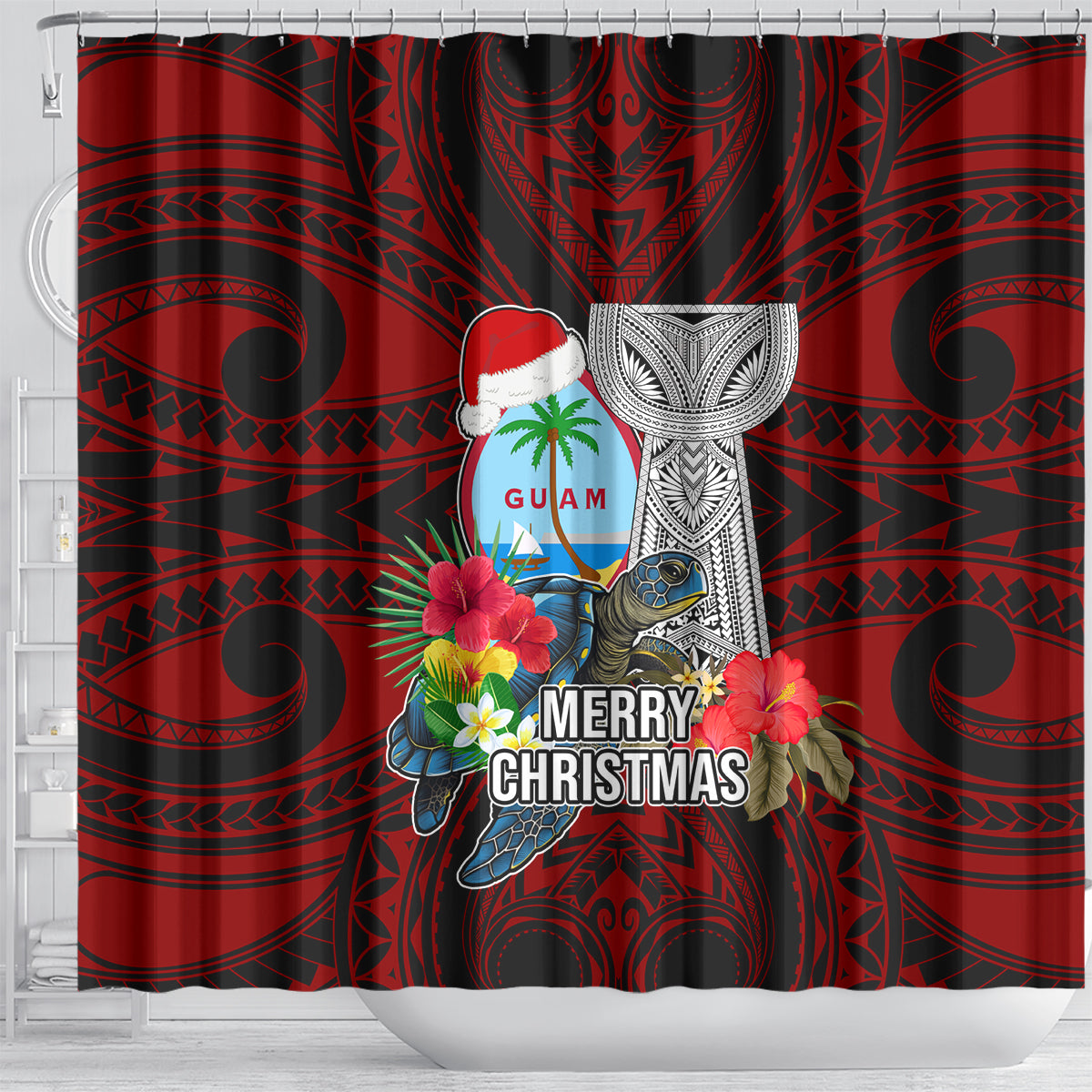 Guam Christmas Shower Curtain Santa Gift Latte Stone and Sea Turle Mix Hibiscus Chamorro Red Style LT03