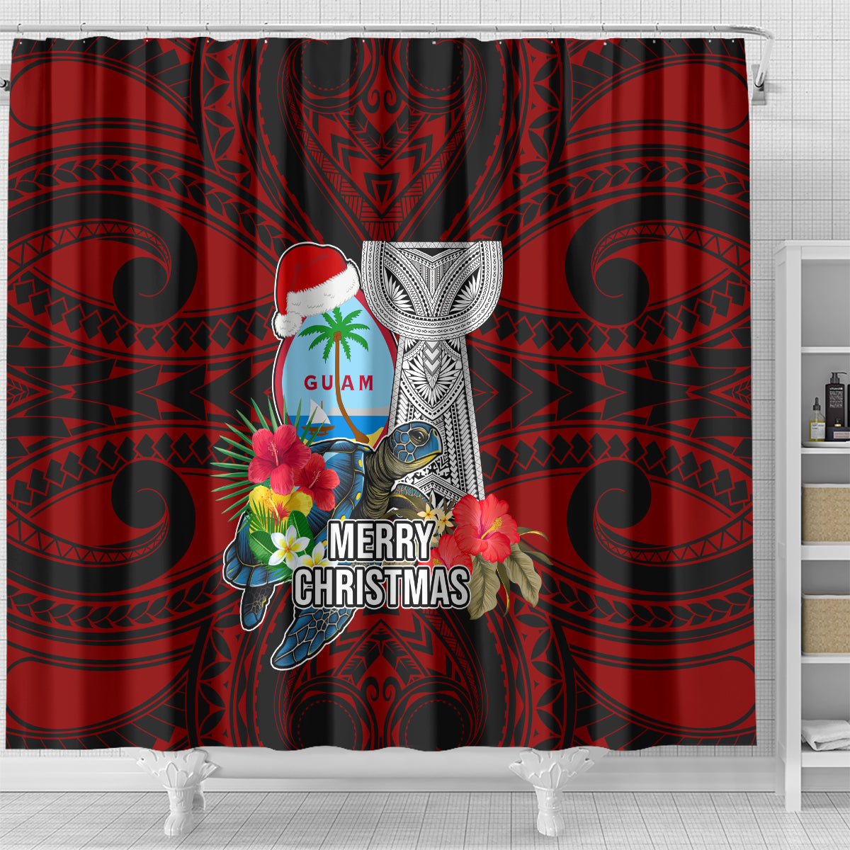 Guam Christmas Shower Curtain Santa Gift Latte Stone and Sea Turle Mix Hibiscus Chamorro Red Style LT03