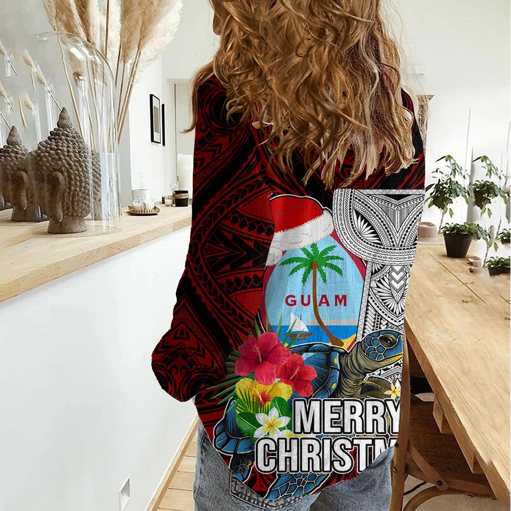 Guam Christmas Women Casual Shirt Santa Gift Latte Stone and Sea Turle Mix Hibiscus Chamorro Red Style LT03 - Polynesian Pride