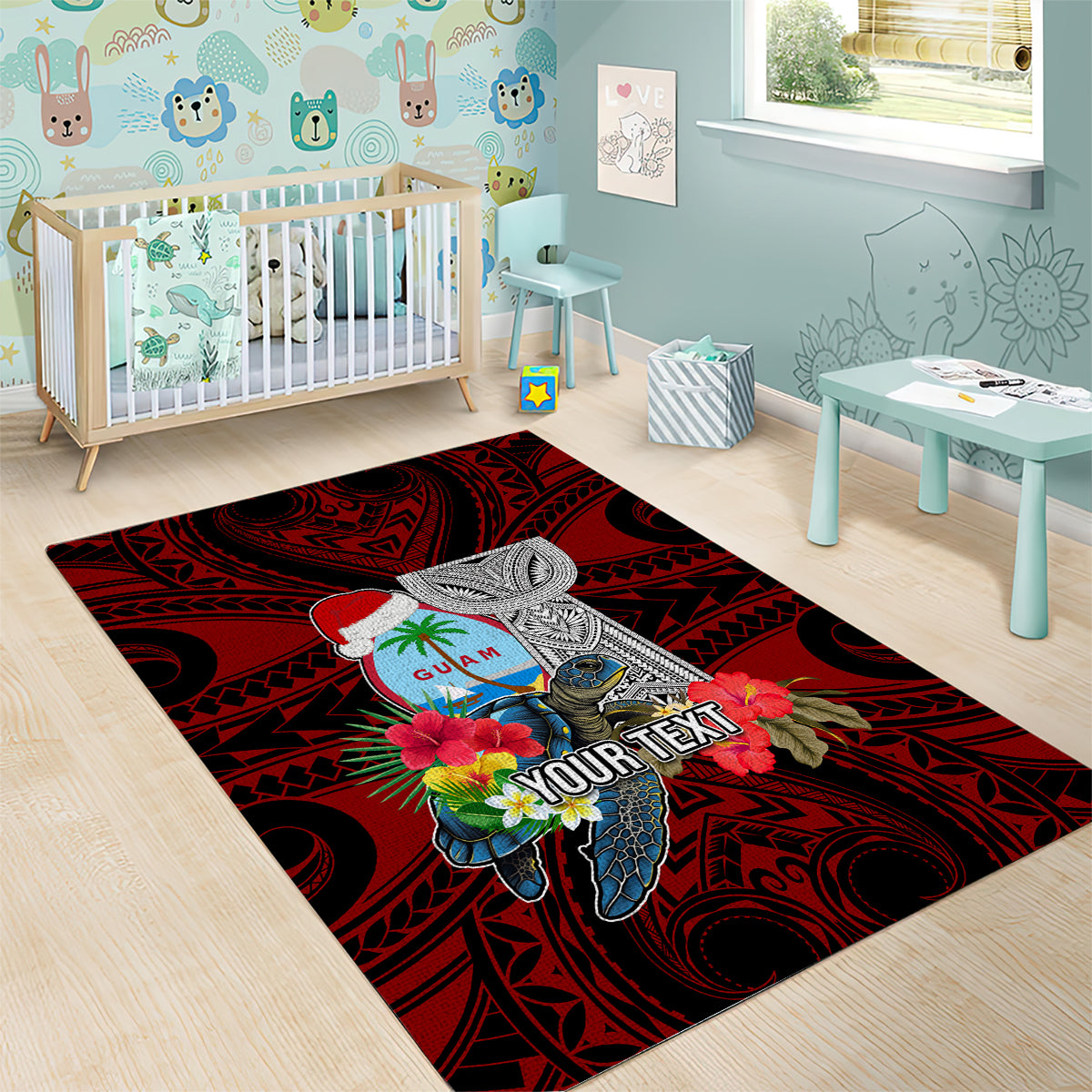 Custom Guam Christmas Area Rug Santa Gift Latte Stone and Sea Turle Mix Hibiscus Chamorro Red Style LT03