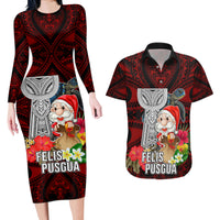 Custom Guam Christmas Couples Matching Long Sleeve Bodycon Dress and Hawaiian Shirt Santa Gift Latte Stone and Sea Turle Mix Hibiscus Chamorro Red Style LT03 Red - Polynesian Pride
