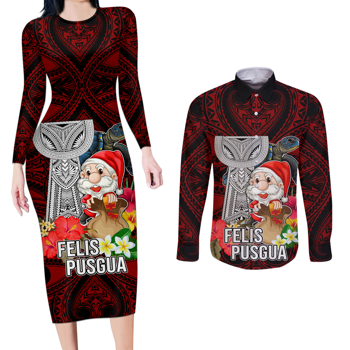Custom Guam Christmas Couples Matching Long Sleeve Bodycon Dress and Long Sleeve Button Shirt Santa Gift Latte Stone and Sea Turle Mix Hibiscus Chamorro Red Style LT03