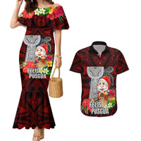 Custom Guam Christmas Couples Matching Mermaid Dress and Hawaiian Shirt Santa Gift Latte Stone and Sea Turle Mix Hibiscus Chamorro Red Style LT03 Red - Polynesian Pride