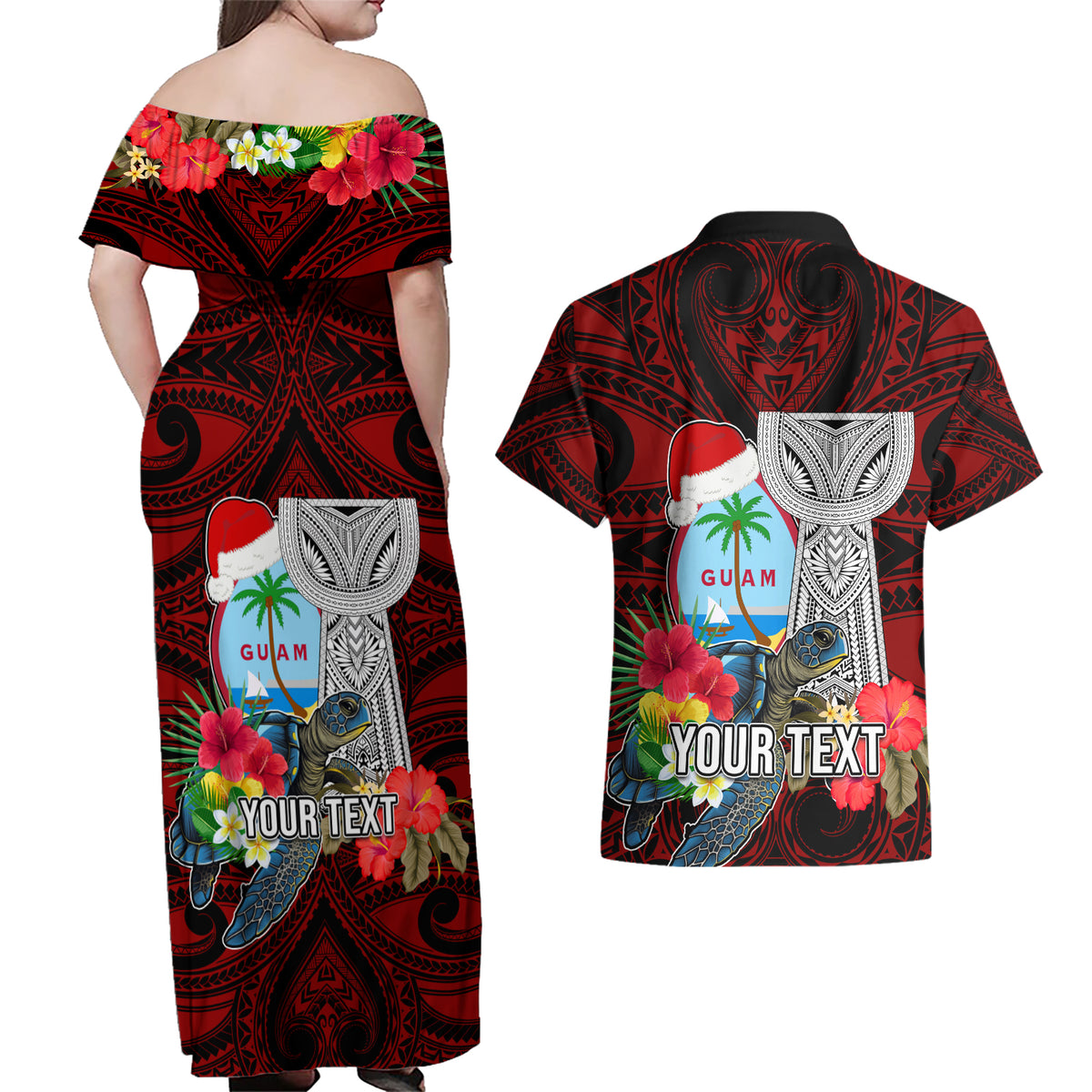 Custom Guam Christmas Couples Matching Off Shoulder Maxi Dress and Hawaiian Shirt Santa Gift Latte Stone and Sea Turle Mix Hibiscus Chamorro Red Style LT03