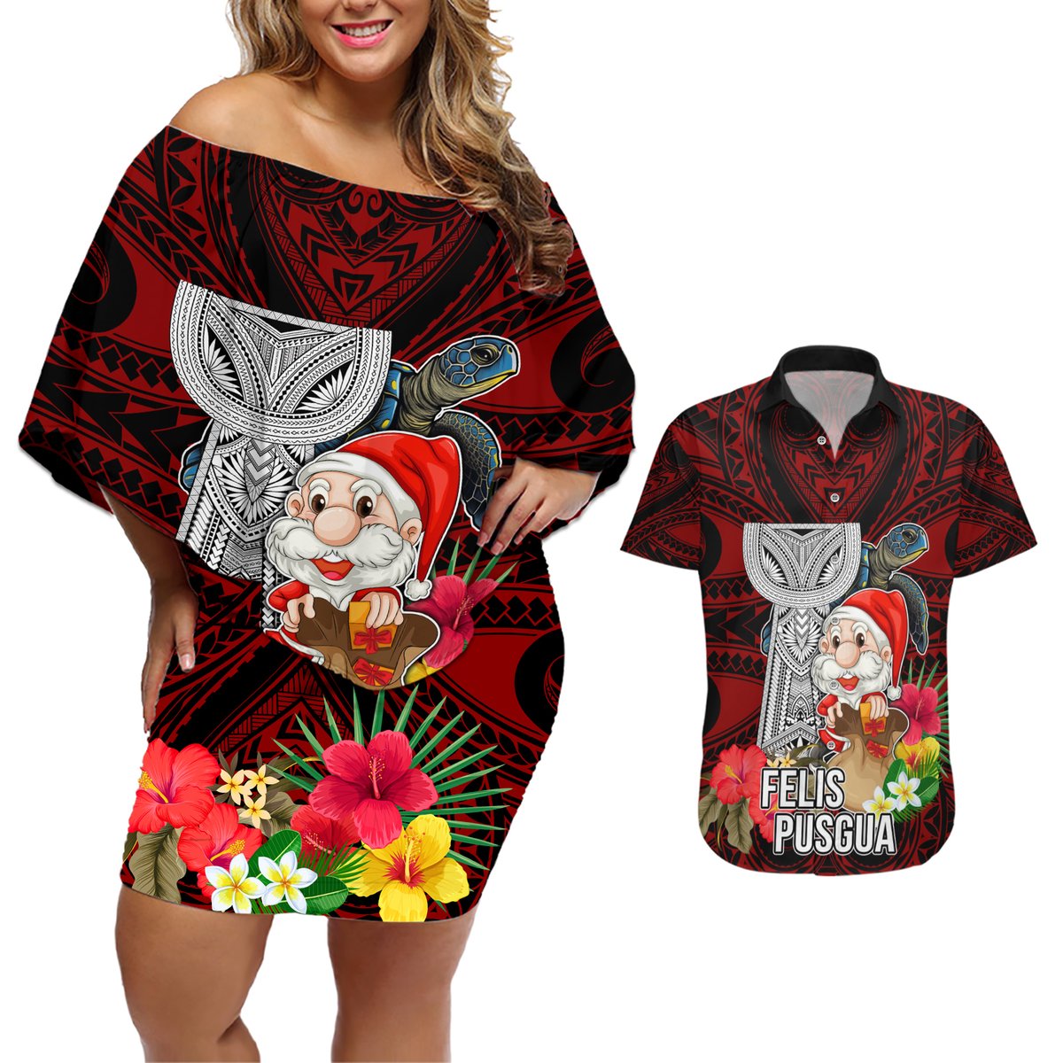 Custom Guam Christmas Couples Matching Off Shoulder Short Dress and Hawaiian Shirt Santa Gift Latte Stone and Sea Turle Mix Hibiscus Chamorro Red Style LT03 Red - Polynesian Pride