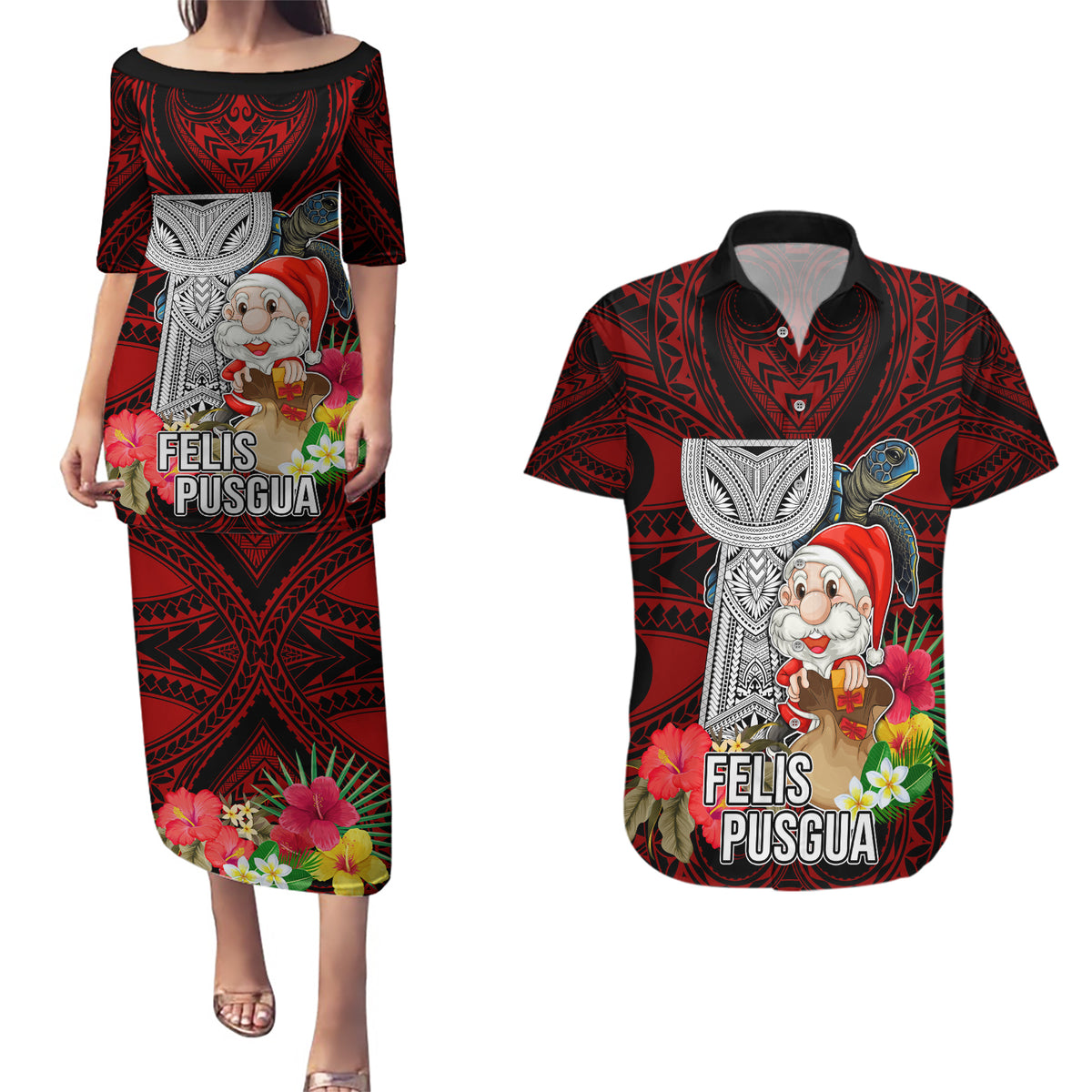 Custom Guam Christmas Couples Matching Puletasi Dress and Hawaiian Shirt Santa Gift Latte Stone and Sea Turle Mix Hibiscus Chamorro Red Style LT03