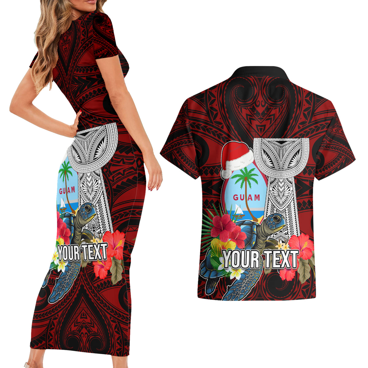 Custom Guam Christmas Couples Matching Short Sleeve Bodycon Dress and Hawaiian Shirt Santa Gift Latte Stone and Sea Turle Mix Hibiscus Chamorro Red Style LT03 - Polynesian Pride