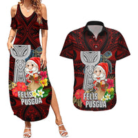 Custom Guam Christmas Couples Matching Summer Maxi Dress and Hawaiian Shirt Santa Gift Latte Stone and Sea Turle Mix Hibiscus Chamorro Red Style LT03