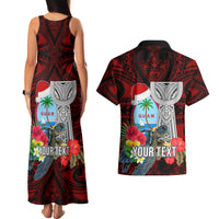 Custom Guam Christmas Couples Matching Tank Maxi Dress and Hawaiian Shirt Santa Gift Latte Stone and Sea Turle Mix Hibiscus Chamorro Red Style LT03
