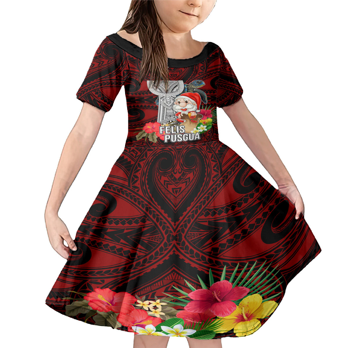 Custom Guam Christmas Family Matching Mermaid Dress and Hawaiian Shirt Santa Gift Latte Stone and Sea Turle Mix Hibiscus Chamorro Red Style LT03