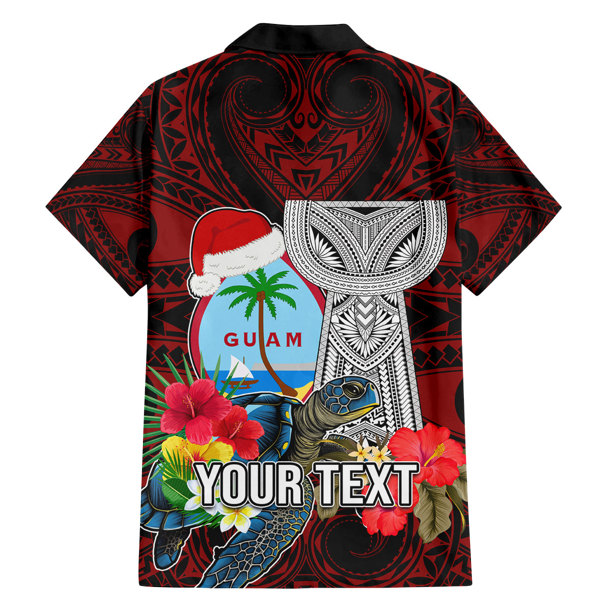 Custom Guam Christmas Family Matching Off Shoulder Long Sleeve Dress and Hawaiian Shirt Santa Gift Latte Stone and Sea Turle Mix Hibiscus Chamorro Red Style LT03