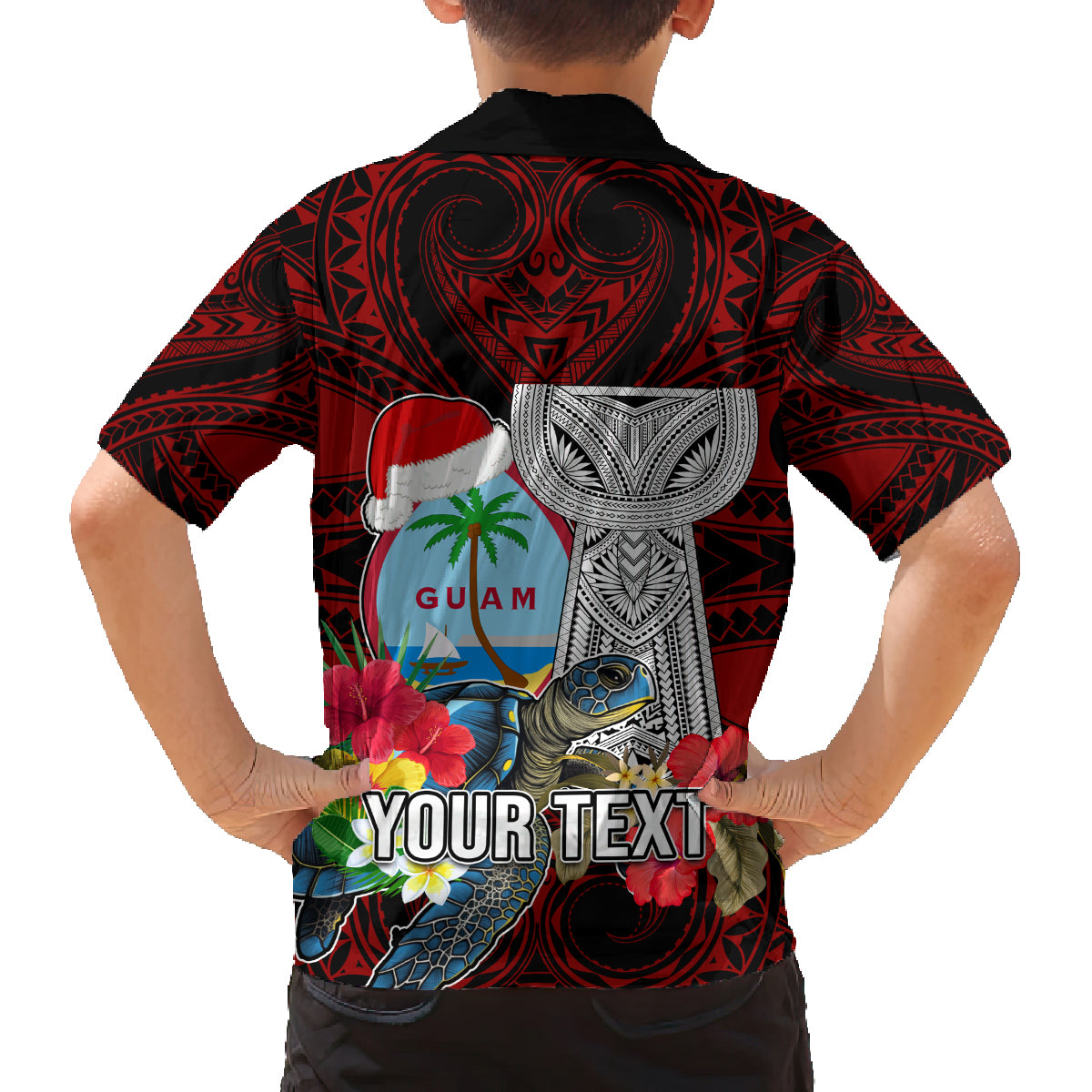 Custom Guam Christmas Family Matching Puletasi Dress and Hawaiian Shirt Santa Gift Latte Stone and Sea Turle Mix Hibiscus Chamorro Red Style LT03 - Polynesian Pride