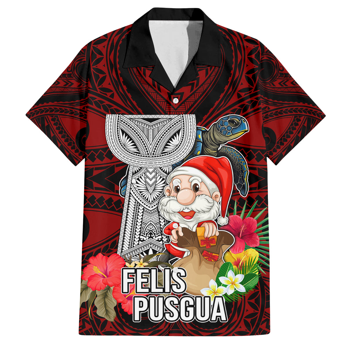 Custom Guam Christmas Family Matching Puletasi Dress and Hawaiian Shirt Santa Gift Latte Stone and Sea Turle Mix Hibiscus Chamorro Red Style LT03 Dad's Shirt - Short Sleeve Red - Polynesian Pride