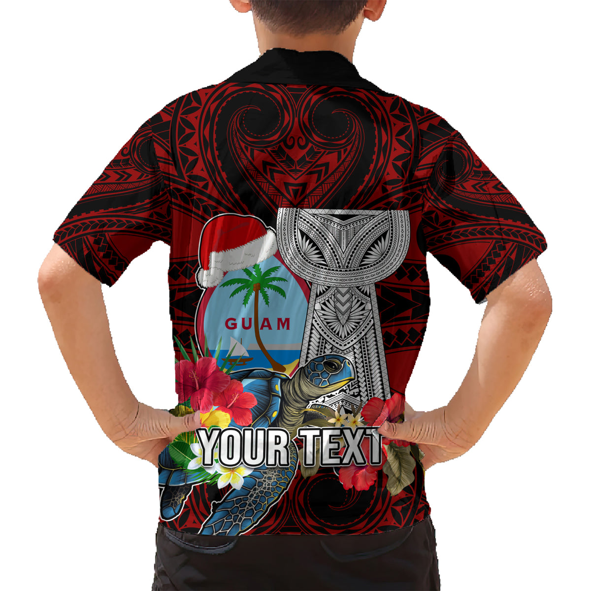 Custom Guam Christmas Family Matching Short Sleeve Bodycon Dress and Hawaiian Shirt Santa Gift Latte Stone and Sea Turle Mix Hibiscus Chamorro Red Style LT03 - Polynesian Pride