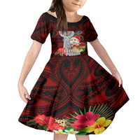 Custom Guam Christmas Family Matching Short Sleeve Bodycon Dress and Hawaiian Shirt Santa Gift Latte Stone and Sea Turle Mix Hibiscus Chamorro Red Style LT03 Daughter's Dress Red - Polynesian Pride
