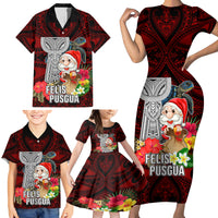 Custom Guam Christmas Family Matching Short Sleeve Bodycon Dress and Hawaiian Shirt Santa Gift Latte Stone and Sea Turle Mix Hibiscus Chamorro Red Style LT03 - Polynesian Pride