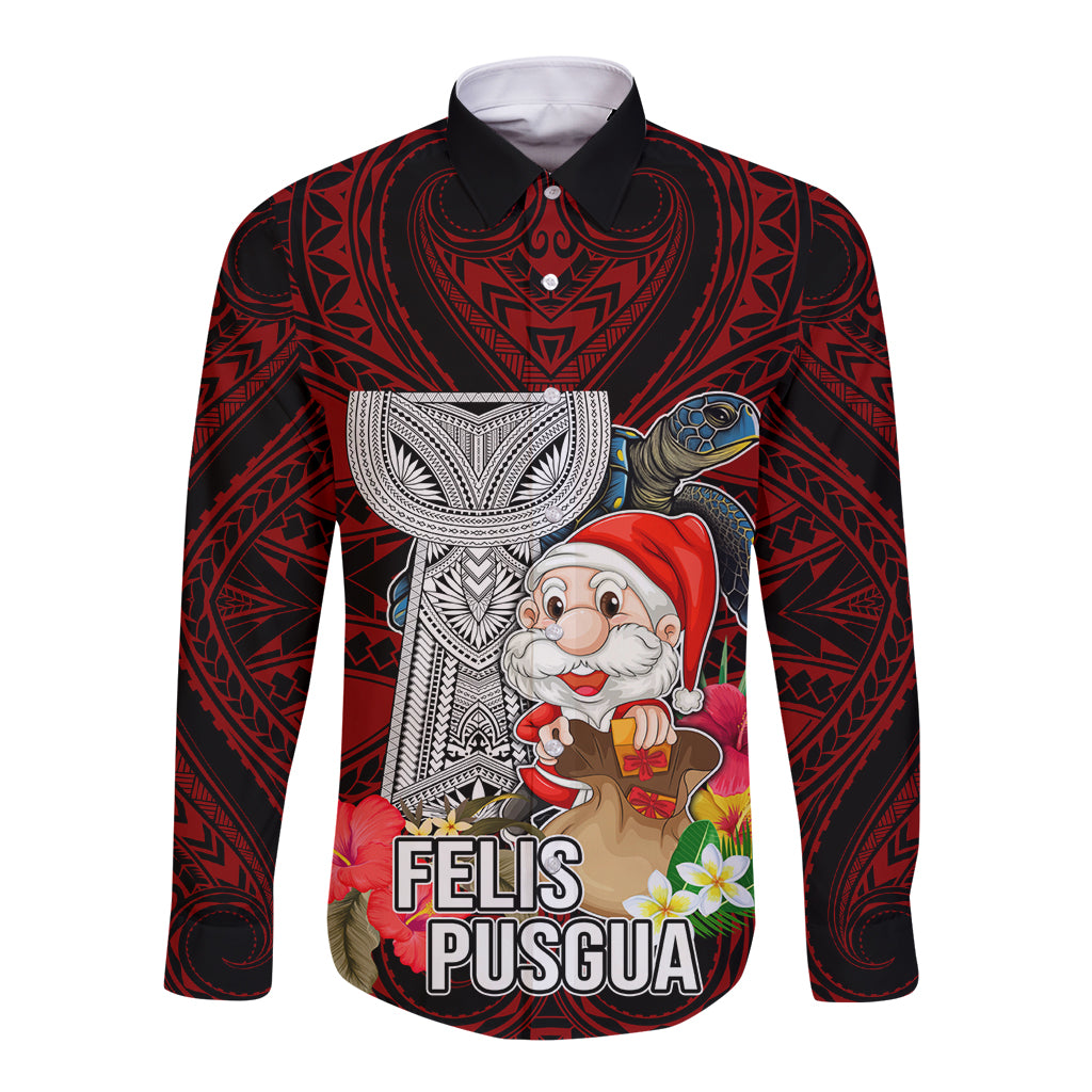 Custom Guam Christmas Long Sleeve Button Shirt Santa Gift Latte Stone and Sea Turle Mix Hibiscus Chamorro Red Style LT03