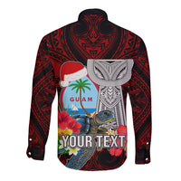 Custom Guam Christmas Long Sleeve Button Shirt Santa Gift Latte Stone and Sea Turle Mix Hibiscus Chamorro Red Style LT03