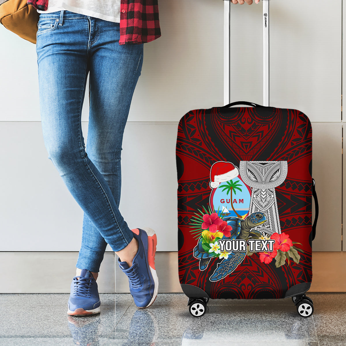 Custom Guam Christmas Luggage Cover Santa Gift Latte Stone and Sea Turle Mix Hibiscus Chamorro Red Style LT03