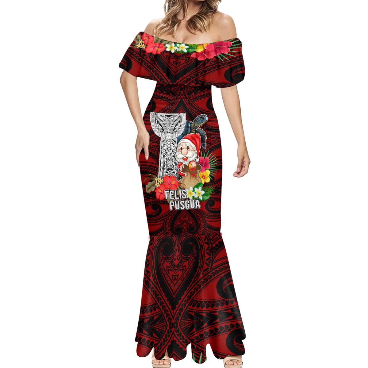 Custom Guam Christmas Mermaid Dress Santa Gift Latte Stone and Sea Turle Mix Hibiscus Chamorro Red Style LT03