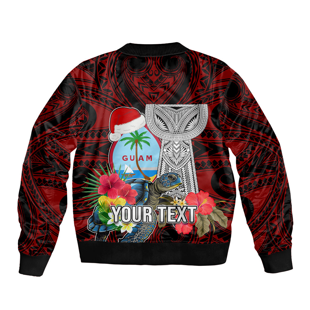 Custom Guam Christmas Sleeve Zip Bomber Jacket Santa Gift Latte Stone and Sea Turle Mix Hibiscus Chamorro Red Style LT03