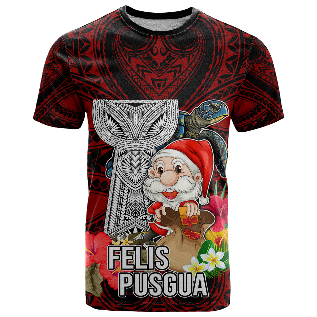 Custom Guam Christmas T Shirt Santa Gift Latte Stone and Sea Turle Mix Hibiscus Chamorro Red Style LT03 Red - Polynesian Pride