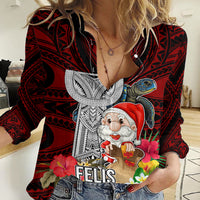 Custom Guam Christmas Women Casual Shirt Santa Gift Latte Stone and Sea Turle Mix Hibiscus Chamorro Red Style LT03 Female Red - Polynesian Pride