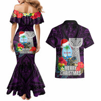 Guam Christmas Couples Matching Mermaid Dress and Hawaiian Shirt Santa Gift Latte Stone and Sea Turle Mix Hibiscus Chamorro Pink Style LT03 - Polynesian Pride