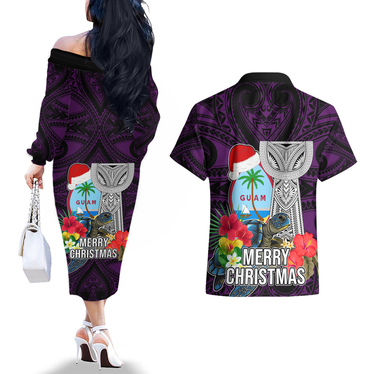 Guam Christmas Couples Matching Off The Shoulder Long Sleeve Dress and Hawaiian Shirt Santa Gift Latte Stone and Sea Turle Mix Hibiscus Chamorro Pink Style LT03