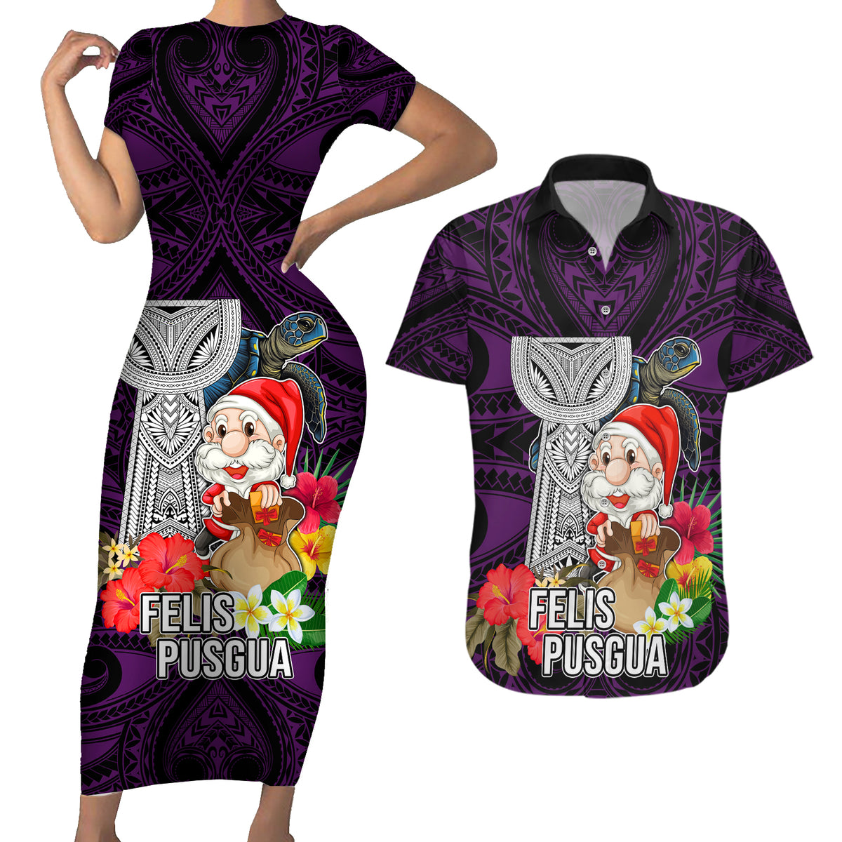 Guam Christmas Couples Matching Short Sleeve Bodycon Dress and Hawaiian Shirt Santa Gift Latte Stone and Sea Turle Mix Hibiscus Chamorro Pink Style LT03 Pink - Polynesian Pride