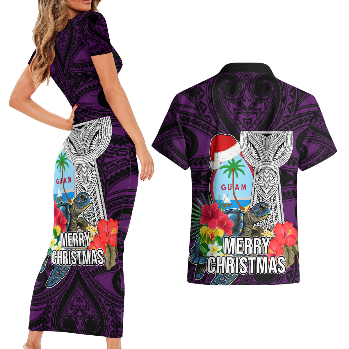 Guam Christmas Couples Matching Short Sleeve Bodycon Dress and Hawaiian Shirt Santa Gift Latte Stone and Sea Turle Mix Hibiscus Chamorro Pink Style LT03 - Polynesian Pride