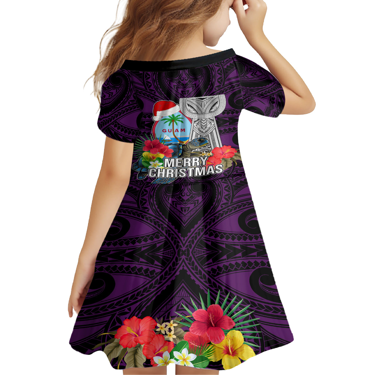 Guam Christmas Family Matching Off Shoulder Long Sleeve Dress and Hawaiian Shirt Santa Gift Latte Stone and Sea Turle Mix Hibiscus Chamorro Pink Style LT03