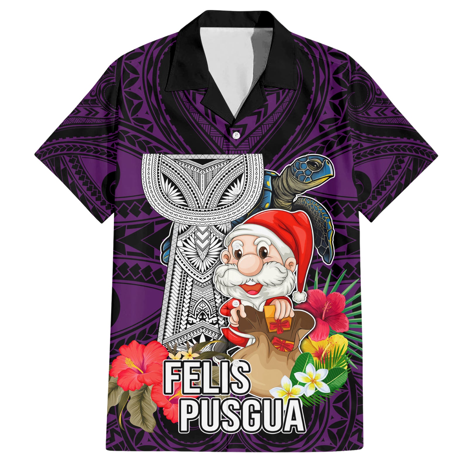 Guam Christmas Hawaiian Shirt Santa Gift Latte Stone and Sea Turle Mix Hibiscus Chamorro Pink Style LT03