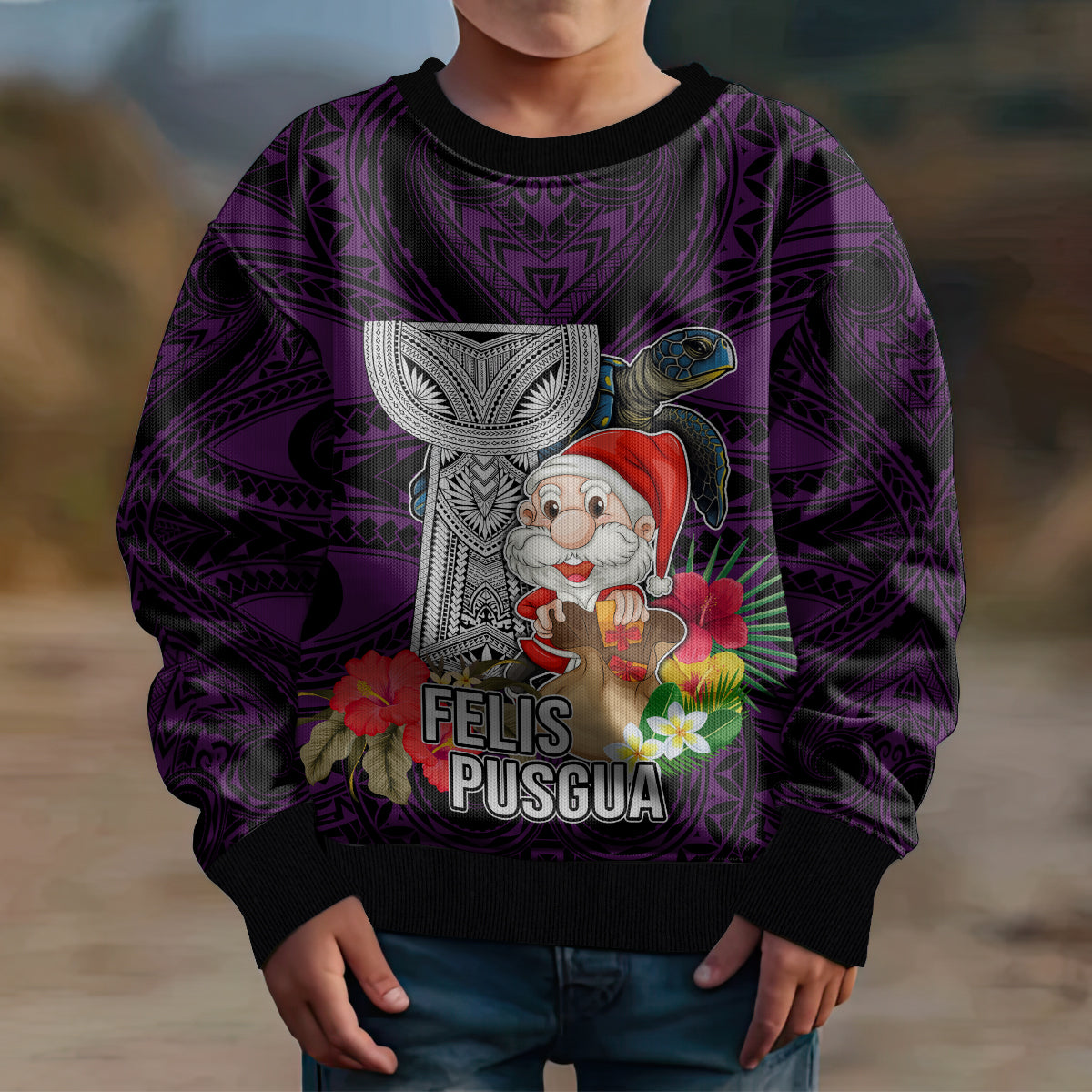Guam Christmas Kid Ugly Christmas Sweater Santa Gift Latte Stone and Sea Turle Mix Hibiscus Chamorro Pink Style LT03