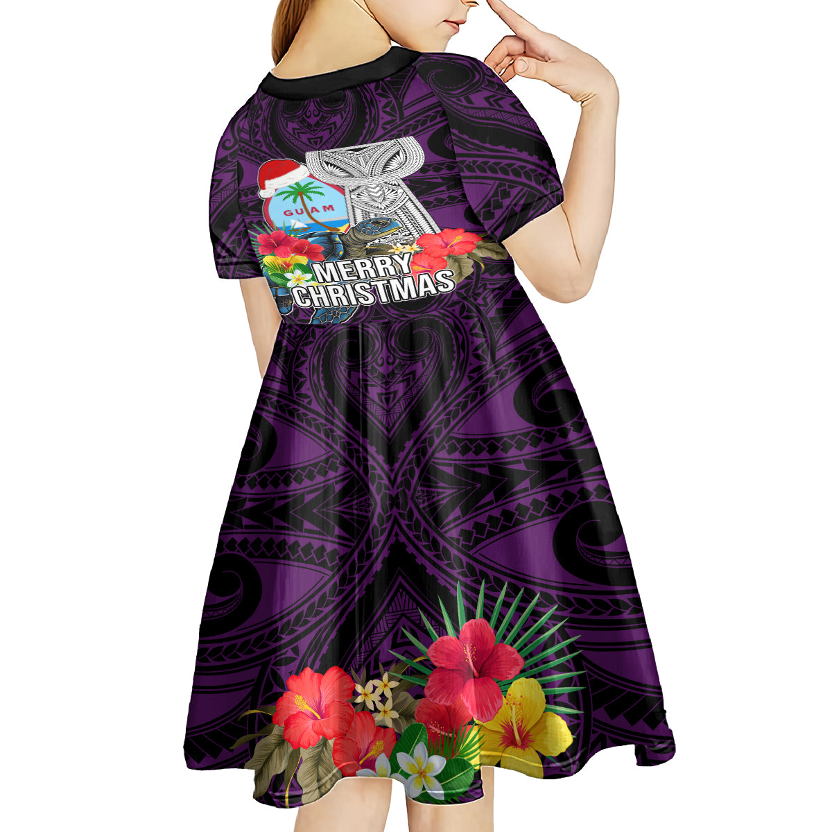 Guam Christmas Kid Short Sleeve Dress Santa Gift Latte Stone and Sea Turle Mix Hibiscus Chamorro Pink Style LT03