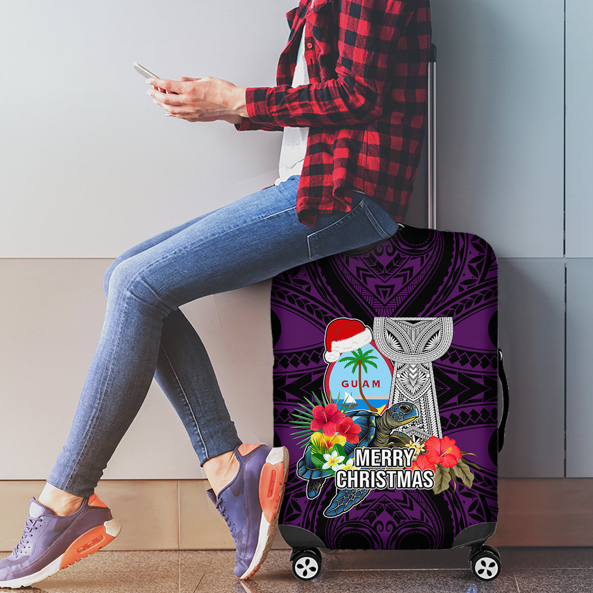 Guam Christmas Luggage Cover Santa Gift Latte Stone and Sea Turle Mix Hibiscus Chamorro Pink Style LT03