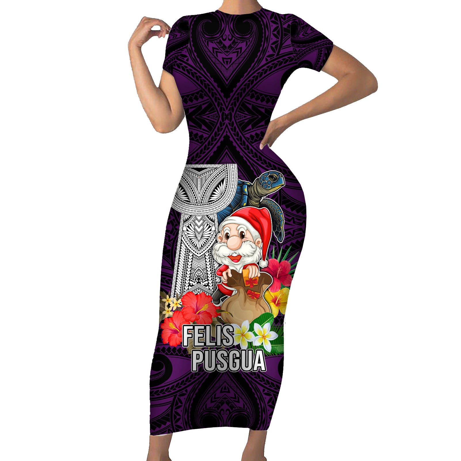 Guam Christmas Short Sleeve Bodycon Dress Santa Gift Latte Stone and Sea Turle Mix Hibiscus Chamorro Pink Style LT03