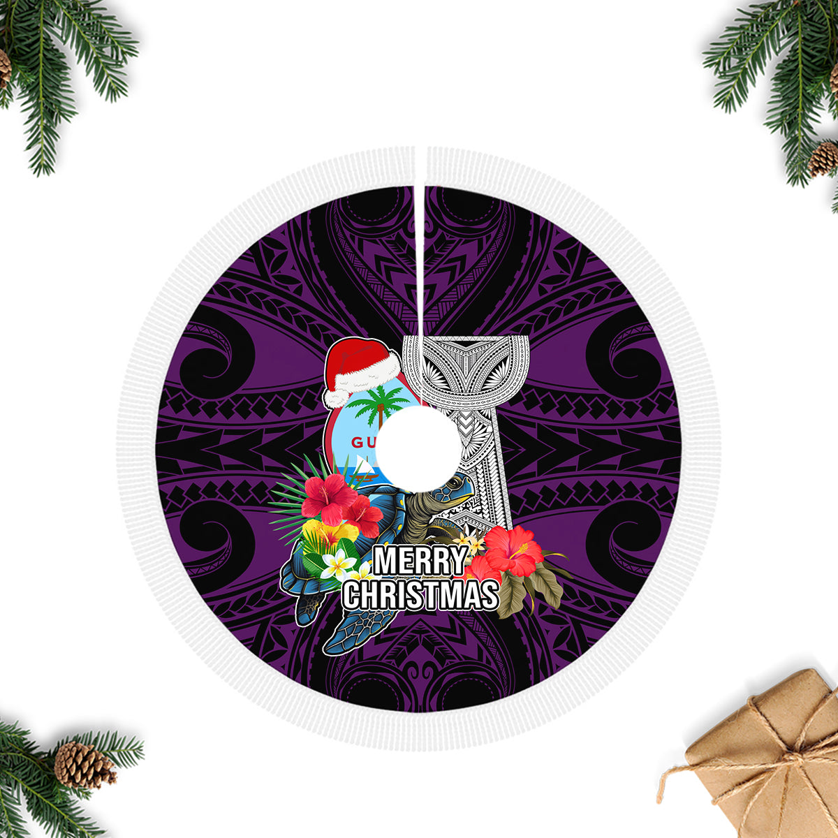 Guam Christmas Tree Skirt Santa Gift Latte Stone and Sea Turle Mix Hibiscus Chamorro Pink Style LT03