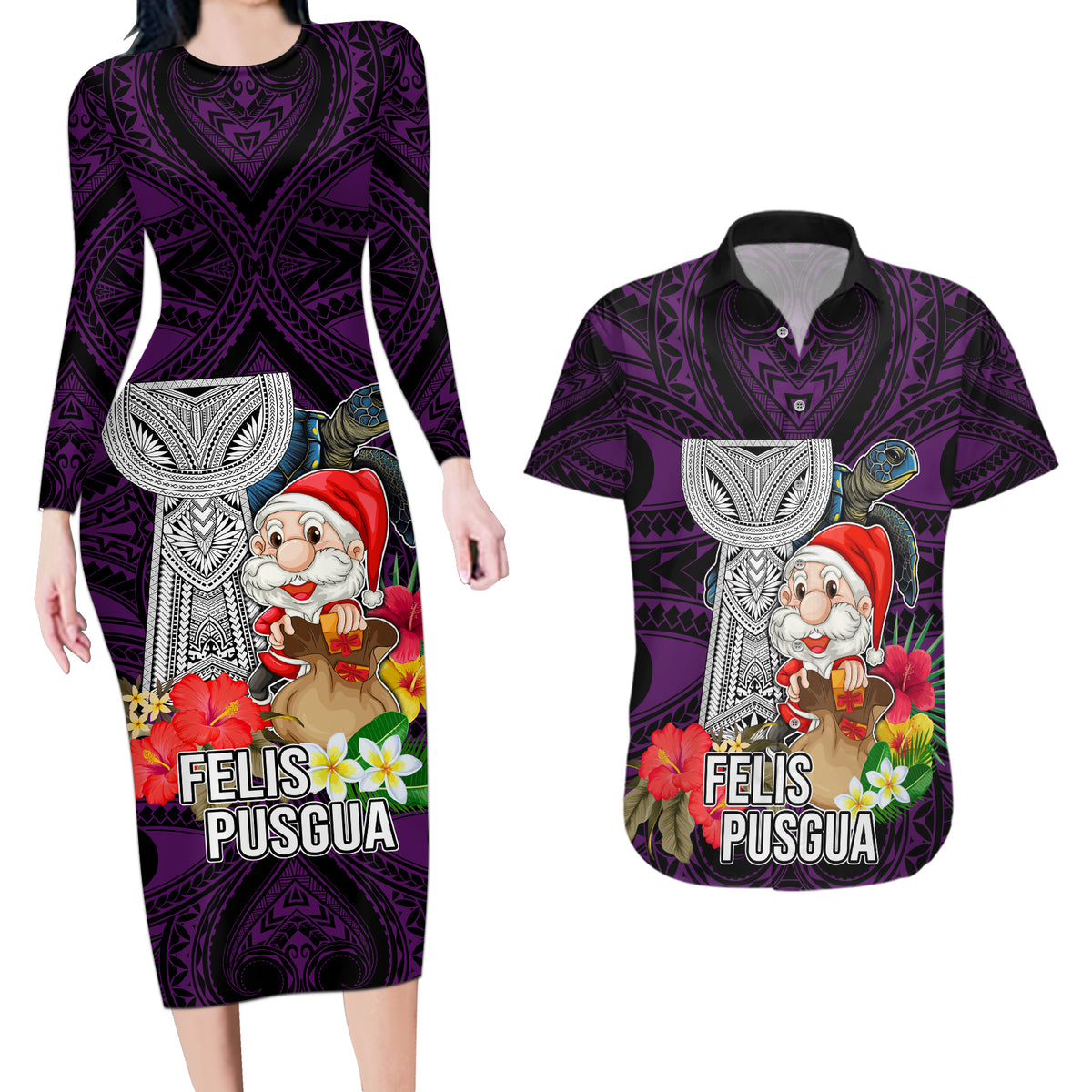 Custom Guam Christmas Couples Matching Long Sleeve Bodycon Dress and Hawaiian Shirt Santa Gift Latte Stone and Sea Turle Mix Hibiscus Chamorro Pink Style LT03 Pink - Polynesian Pride
