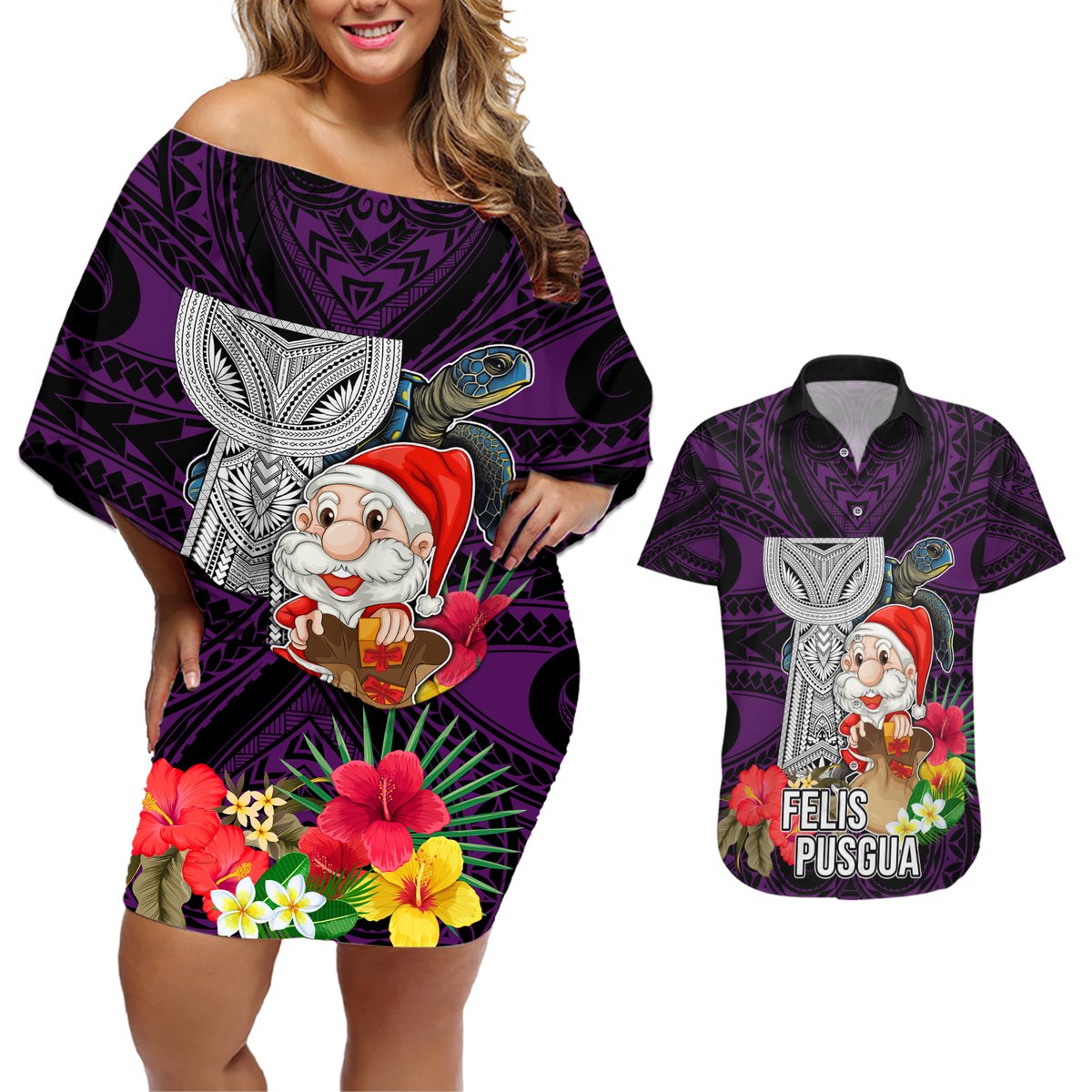 Custom Guam Christmas Couples Matching Off Shoulder Short Dress and Hawaiian Shirt Santa Gift Latte Stone and Sea Turle Mix Hibiscus Chamorro Pink Style LT03 Pink - Polynesian Pride