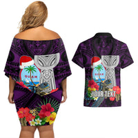 Custom Guam Christmas Couples Matching Off Shoulder Short Dress and Hawaiian Shirt Santa Gift Latte Stone and Sea Turle Mix Hibiscus Chamorro Pink Style LT03 - Polynesian Pride