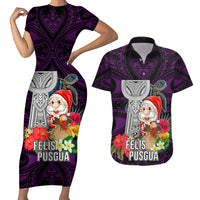 Custom Guam Christmas Couples Matching Short Sleeve Bodycon Dress and Hawaiian Shirt Santa Gift Latte Stone and Sea Turle Mix Hibiscus Chamorro Pink Style LT03 Pink - Polynesian Pride