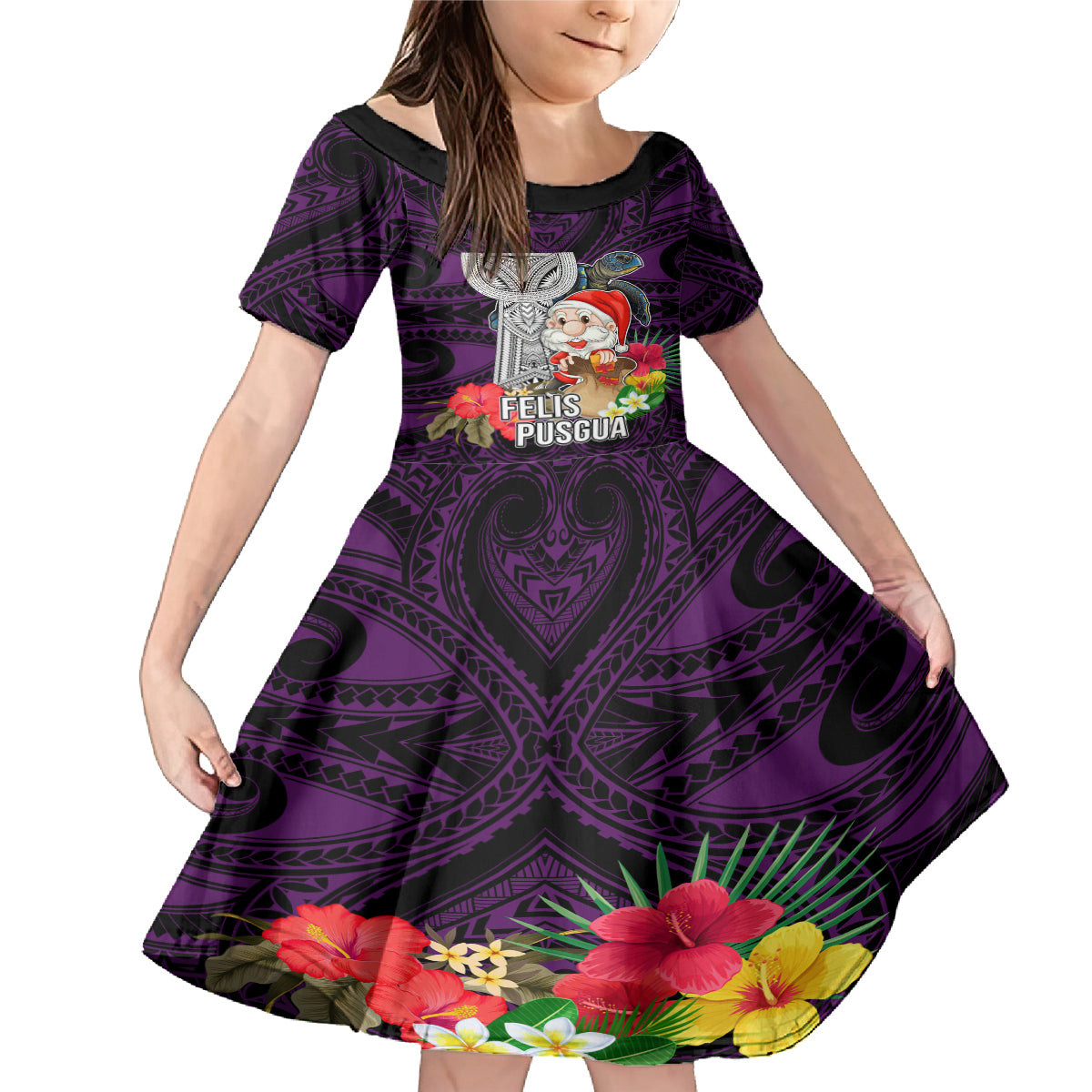 Custom Guam Christmas Family Matching Mermaid Dress and Hawaiian Shirt Santa Gift Latte Stone and Sea Turle Mix Hibiscus Chamorro Pink Style LT03 Daughter's Dress Pink - Polynesian Pride
