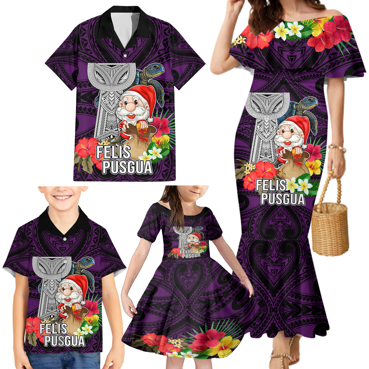 Custom Guam Christmas Family Matching Mermaid Dress and Hawaiian Shirt Santa Gift Latte Stone and Sea Turle Mix Hibiscus Chamorro Pink Style LT03