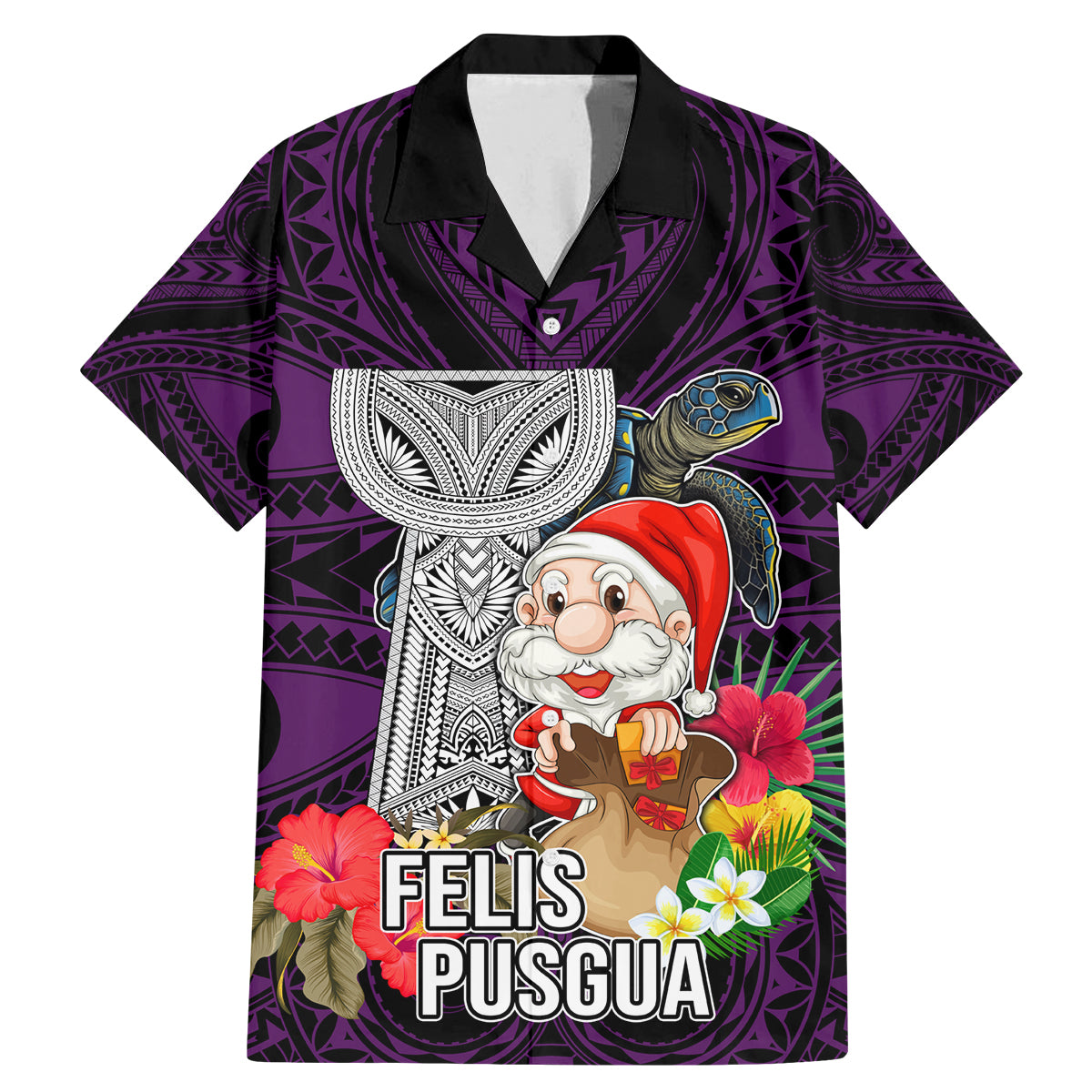 Custom Guam Christmas Family Matching Mermaid Dress and Hawaiian Shirt Santa Gift Latte Stone and Sea Turle Mix Hibiscus Chamorro Pink Style LT03 Dad's Shirt - Short Sleeve Pink - Polynesian Pride