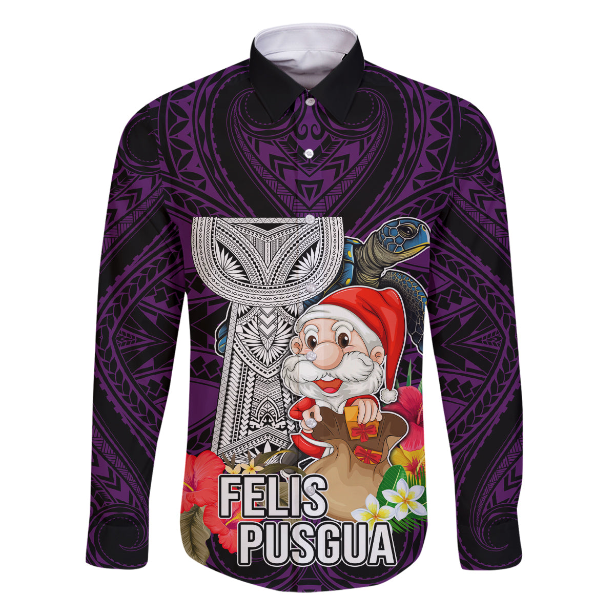 Custom Guam Christmas Family Matching Mermaid Dress and Hawaiian Shirt Santa Gift Latte Stone and Sea Turle Mix Hibiscus Chamorro Pink Style LT03 Dad's Shirt - Long Sleeve Pink - Polynesian Pride