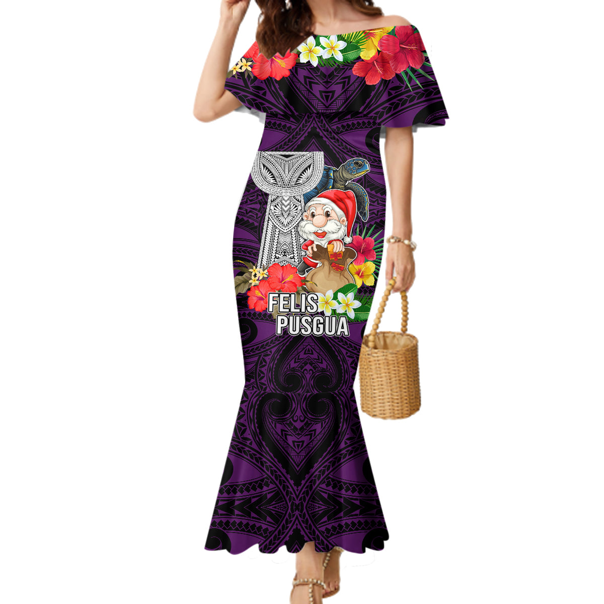 Custom Guam Christmas Family Matching Mermaid Dress and Hawaiian Shirt Santa Gift Latte Stone and Sea Turle Mix Hibiscus Chamorro Pink Style LT03 Mom's Dress Pink - Polynesian Pride