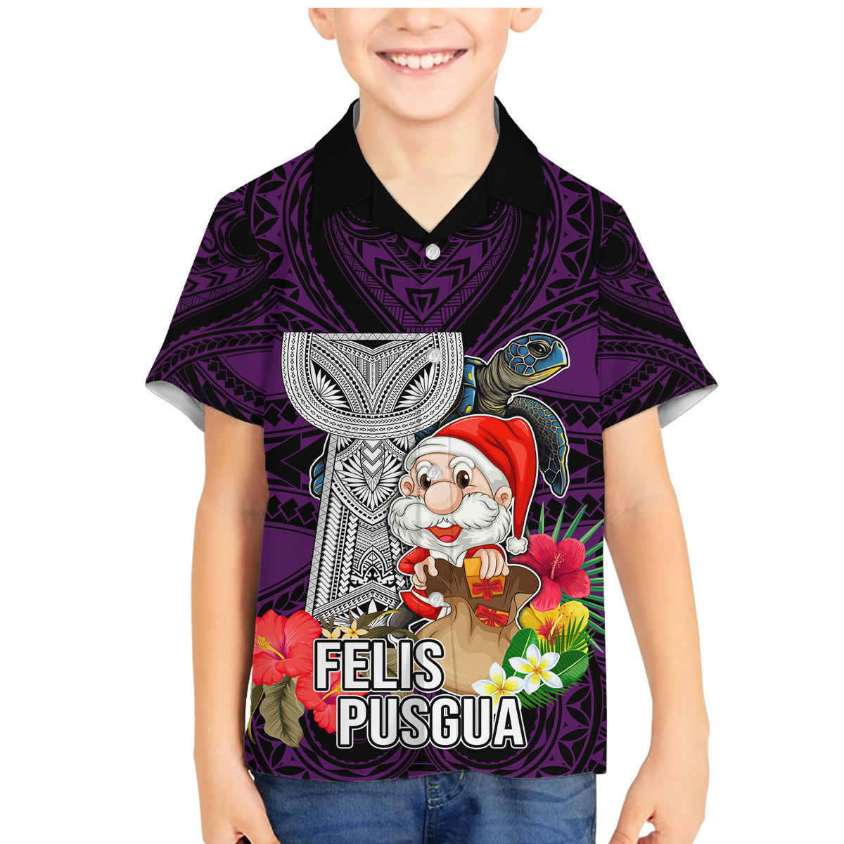 Custom Guam Christmas Family Matching Mermaid Dress and Hawaiian Shirt Santa Gift Latte Stone and Sea Turle Mix Hibiscus Chamorro Pink Style LT03 Son's Shirt Pink - Polynesian Pride